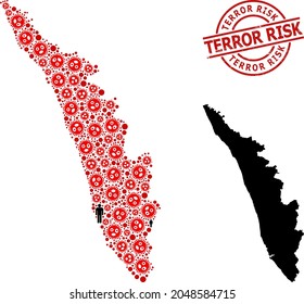 Mosaic map of Kerala State organized from sars virus icons and men items. Terror Risk grunge badge. Black man items and red SARS virus items. Terror Risk phrase inside round stamp.