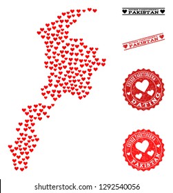 Mosaic map of Khyber Pakhtunkhwa Province formed with red love hearts, and rubber watermarks for Valentines day.