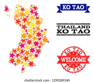Mosaic map of Ko Tao formed with colored flat stars, and grunge textured stamps, isolated on an white background. Vector colored geographic abstraction of map of Ko Tao with red, yellow, orange stars.