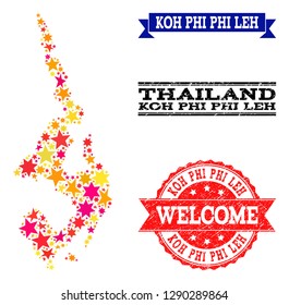 Mosaic map of Koh Phi Leh designed with colored flat stars, and grunge textured stamps, isolated on an white background. Vector colored geographic abstraction of map of Koh Phi Leh with red,