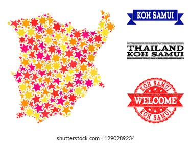 Mosaic map of Koh Samui composed with colored flat stars, and grunge textured stamps, isolated on an white background. Vector colored geographic abstraction of map of Koh Samui with red, yellow,