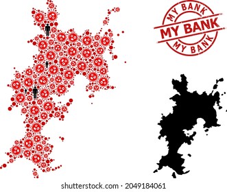 Mapa mosaico de la isla Komodo compuesto por íconos del virus de la gripe e íconos masculinos. Mi timbre de barro. Elementos de la multitud negra e íconos del virus de la gripe roja. Mi frase del banco está dentro del sello redondo.