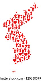 Mosaic map of Korea designed with red wedding men. Vector lovely geographic abstraction of map of Korea with red romance symbols. Romantic flat design for wedding projects.