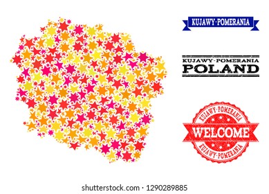 Mosaic map of Kujawy-Pomerania Province designed with colored flat stars, and grunge textured stamps, isolated on an white background.