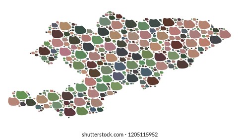 Mosaic map of Kyrgyzstan composed with colored flat stones. Vector varicolored geographic abstraction of map of Kyrgyzstan.