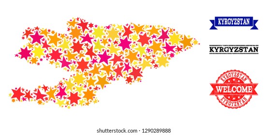 Mosaic map of Kyrgyzstan composed with colored flat stars, and grunge textured stamps, isolated on an white background. Vector colored geographic abstraction of map of Kyrgyzstan with red, yellow,