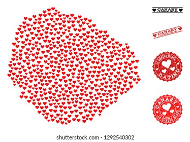 Mosaic map of La Gomera Island formed with red love hearts, and rubber watermarks for dating. Vector lovely geographic abstraction of map of La Gomera Island with red romantic symbols.