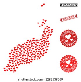 Mosaic map of Lanzarote Islands formed with red love hearts, and rubber stamp seals for dating. Vector lovely geographic abstraction of map of Lanzarote Islands with red dating symbols.