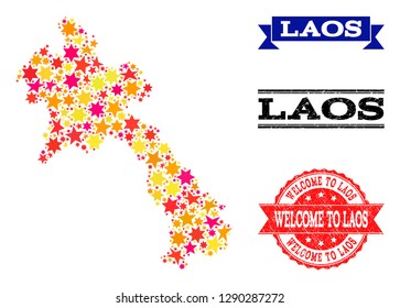 Mosaic map of Laos designed with colored flat stars, and grunge textured stamps, isolated on an white background. Vector colored geographic abstraction of map of Laos with red, yellow, orange stars.