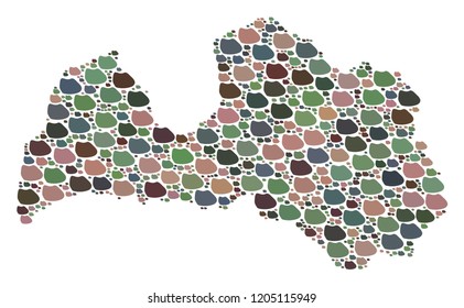 Mosaic map of Latvia designed with colored flat stones. Vector varicolored geographic abstraction of map of Latvia.