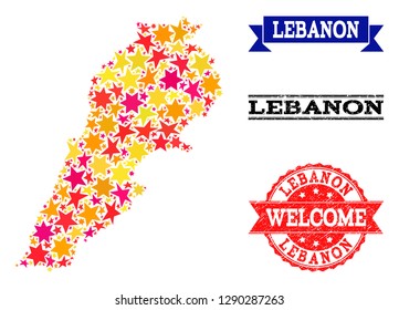 Mosaic map of Lebanon created with colored flat stars, and grunge textured stamps, isolated on an white background. Vector colored geographic abstraction of map of Lebanon with red, yellow,