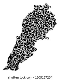 Mosaic map of Lebanon designed with black flat geometric shapes, such as triangles, stars, rectangles, circles, ellipses, segments, sectors, rhombuses, squares, polygons, semi-circles.