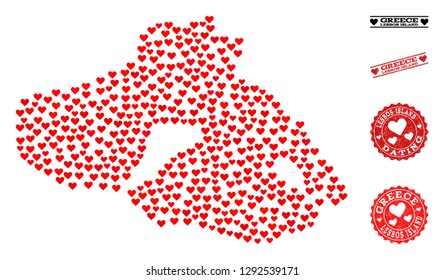 Mosaic map of Lesbos Island created with red love hearts, and rubber stamp seals for dating. Vector lovely geographic abstraction of map of Lesbos Island with red dating symbols.
