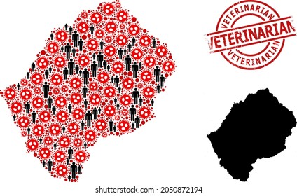 Mosaic Map Of Lesotho Composed Of Covid Virus Icons And Men Items. Veterinarian Grunge Badge. Black Man Items And Red Covid Virus Items. Veterinarian Phrase Inside Round Watermark.