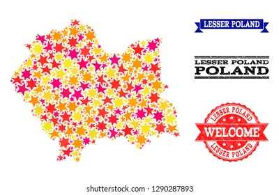 Mosaic map of Lesser Poland Province formed with colored flat stars, and grunge textured stamps, isolated on an white background.