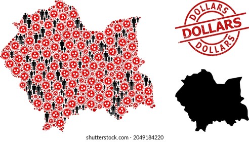 Mosaic map of Lesser Poland Province united from covid items and population items. Dollars distress watermark. Black men items and red viral items. Dollars caption inside round watermark.