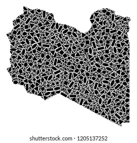 Mosaic map of Libya created with black flat geometric primitives, such as triangles, stars, rectangles, circles, ellipses, segments, sectors, rhombuses, squares, polygons, semi-circles.