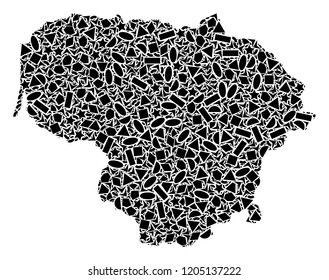 Mosaic map of Lithuania designed with black flat geometric figures, such as triangles, stars, rectangles, circles, ellipses, segments, sectors, rhombuses, squares, polygons, semi-circles.