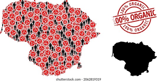 Mapa mosaico de Lituania unido de íconos de brotes de virus e íconos de población. 100 descuento Sello de textura orgánica. Iconos de personas negras y elementos del coronavirus rojo.