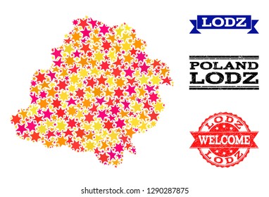 Mosaic map of Lodz Province composed with colored flat stars, and grunge textured stamps, isolated on an white background. Vector colored geographic abstraction of map of Lodz Province with red,