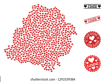 Mosaic map of Lodz Province created with red love hearts, and rubber stamp seals for dating. Vector lovely geographic abstraction of map of Lodz Province with red romantic symbols.