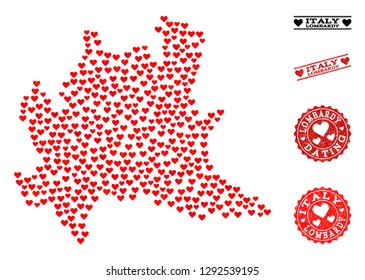 Mosaic map of Lombardy region designed with red love hearts, and rubber stamp seals for Valentines day. Vector lovely geographic abstraction of map of Lombardy region with red romantic symbols.