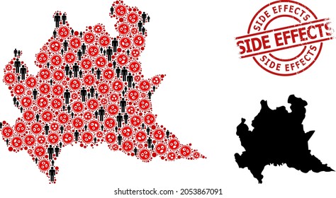 Mosaic map of Lombardy region united from sars virus items and people elements. Side Effects textured stamp. Black people elements and red SARS virus elements.