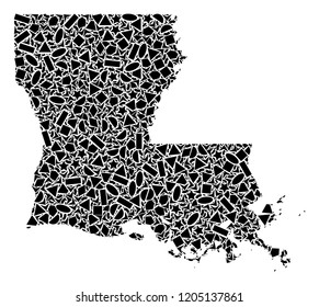 Mosaic map of Louisiana State designed with black flat geometric primitives, such as triangles, stars, rectangles, circles, ellipses, segments, sectors, rhombuses, squares, polygons, semi-circles.