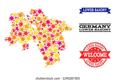 Mosaic map of Lower Saxony State composed with colored flat stars, and grunge textured stamps, isolated on an white background.