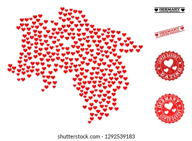 Mosaic map of Lower Saxony State designed with red love hearts, and grunge stamp seals for dating. Vector lovely geographic abstraction of map of Lower Saxony State with red romance symbols.