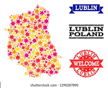 Mosaic map of Lublin Province designed with colored flat stars, and grunge textured stamps, isolated on an white background. Vector colored geographic abstraction of map of Lublin Province with red,