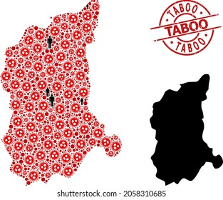 Mosaic map of Lubusz Province organized from covid virus elements and people elements. Taboo scratched seal stamp. Black men symbols and red covid virus items. Taboo text inside round seal stamp.