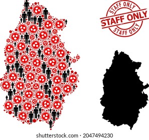 Mosaic map of Lugo Province composed of SARS virus items and humans items. Staff Only scratched seal. Black crowd items and red SARS virus icons. Staff Only title inside round seal.