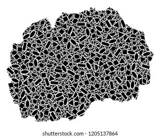 Mosaic map of Macedonia composed with black flat geometric shapes, such as triangles, stars, rectangles, circles, ellipses, segments, sectors, rhombuses, squares, polygons, semi-circles.