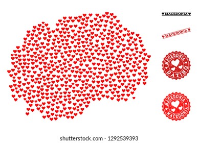 Mosaic map of Macedonia created with red love hearts, and grunge stamp seals for Valentines day. Vector lovely geographic abstraction of map of Macedonia with red romantic symbols.