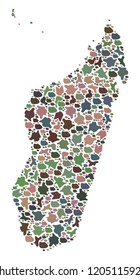 Mosaic map of Madagascar Island designed with colored flat concretions. Vector pied geographic abstraction of map of Madagascar Island.