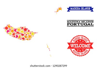 Mosaic map of Madeira Islands designed with colored flat stars, and grunge textured stamps, isolated on an white background. Vector colored geographic abstraction of map of Madeira Islands with red,