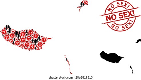 Mosaic map of Madeira Islands designed from flu virus icons and people items. No Sex exclamation textured watermark. Black people items and red covid items. No Sex exclamation phrase is inside round
