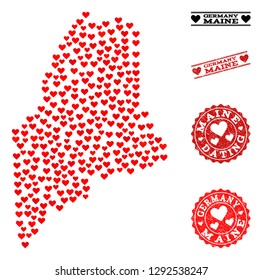 Mosaic map of Maine State designed with red love hearts, and rubber watermarks for dating. Vector lovely geographic abstraction of map of Maine State with red dating symbols.