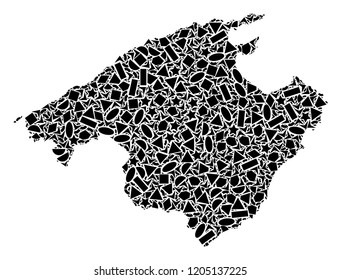 Mosaic map of Majorca created with black flat geometric shapes, such as triangles, stars, rectangles, circles, ellipses, segments, sectors, rhombuses, squares, polygons, semi-circles.