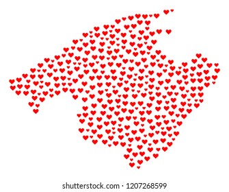 Mosaic map of Majorca formed with red love hearts. Vector lovely geographic abstraction of map of Majorca with red romantic symbols. Romantic design for wedding purposes.