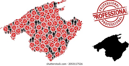 Mapa mosaico de Mallorca organizado a partir de objetos de infección cóvidos y elementos masculinos. Insignia profesional de grunge. Elementos de la gente negra y elementos de infección de color rojo.