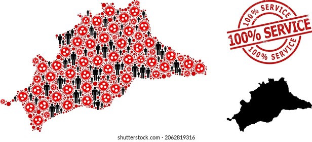 Mosaic map of Malaga Province designed from flu virus items and people icons. 100 discount Service distress stamp. Black people icons and red SARS virus items. 100 discount Service text inside round