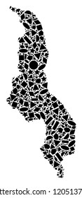 Mosaic map of Malawi created with black flat geometric shapes, such as triangles, stars, rectangles, circles, ellipses, segments, sectors, rhombuses, squares, polygons, semi-circles.