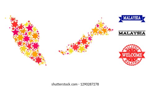 Mosaic map of Malaysia created with colored flat stars, and grunge textured stamps, isolated on an white background. Vector colored geographic abstraction of map of Malaysia with red, yellow,