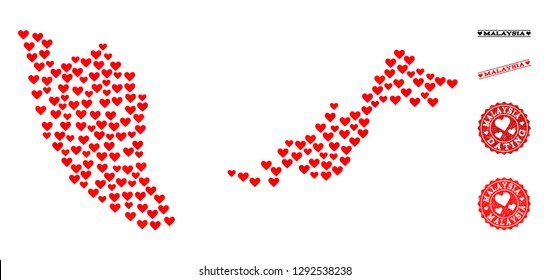 Mosaic map of Malaysia designed with red love hearts, and grunge watermarks for dating. Vector lovely geographic abstraction of map of Malaysia with red romantic symbols.