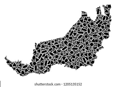Mosaic map of Malaysian Sarawak formed with black flat geometric objects, such as triangles, stars, rectangles, circles, ellipses, segments, sectors, rhombuses, squares, polygons, semi-circles.