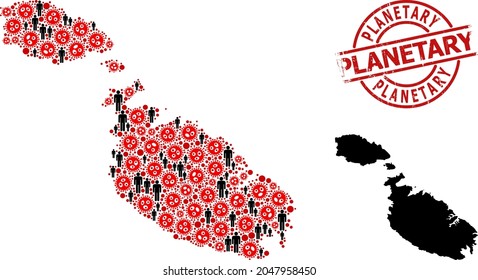 Mosaik-Karte von Malta, die aus den Bestandteilen von Virusausbrüchen und Populationen organisiert ist. Planetarisches strukturiertes Wasserzeichen. Schwarze Elemente und Gegenstände aus dem roten Virus. Planetentext innerhalb eines runden Wasserzeichens.