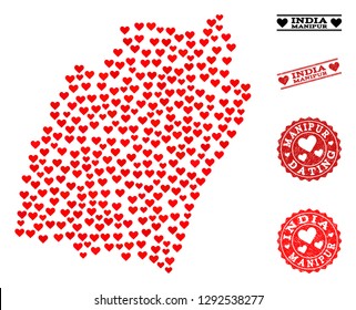 Mosaic map of Manipur State composed with red love hearts, and grunge stamp seals for dating. Vector lovely geographic abstraction of map of Manipur State with red romantic symbols.