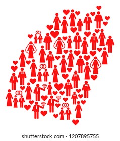 Mosaic map of Manipur State formed with red lovely ladies and gentlemens. Vector lovely geographic abstraction of map of Manipur State with red valentine symbols.